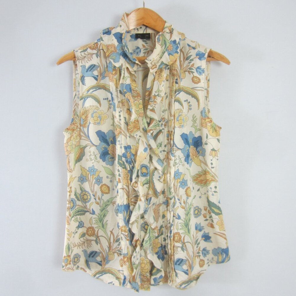 Talbots Womens 10 Yellow Blue Birds Floral 100% Silk Ruffle Pleated SS Shirt